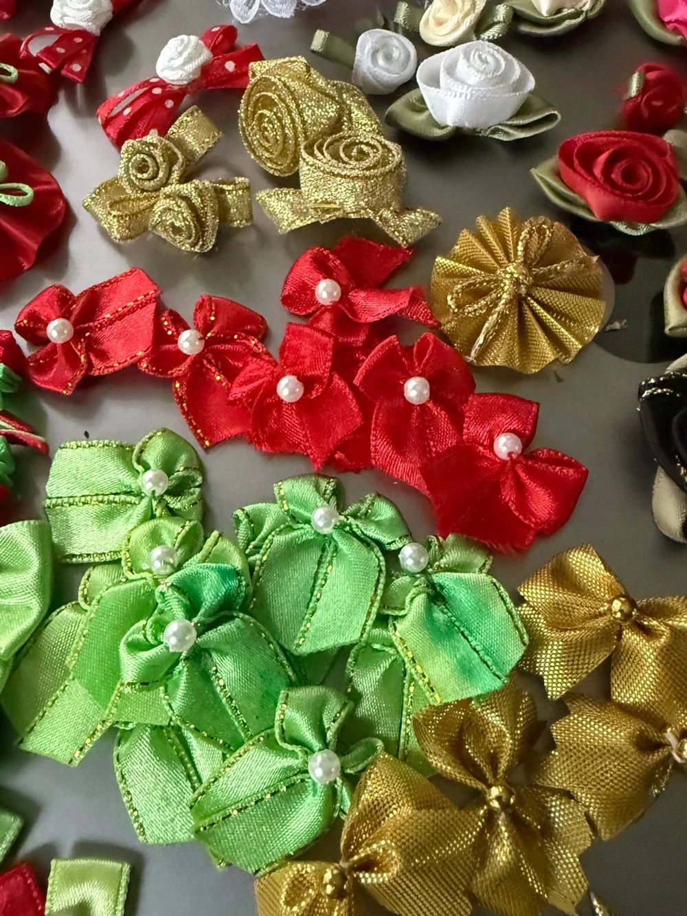 Vintage Satin Ribbon Rose Bow Craft Embellishment Lot